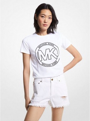 Michael Kors Logo Charm Print Organic Pamuklu Tişört Kadın Beyaz | 958417-RVJ