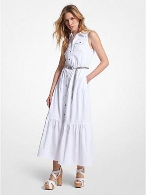 Michael Kors Slub Linen Blend Maxi Gömlek Elbise Kadın Beyaz | 439025-XUH